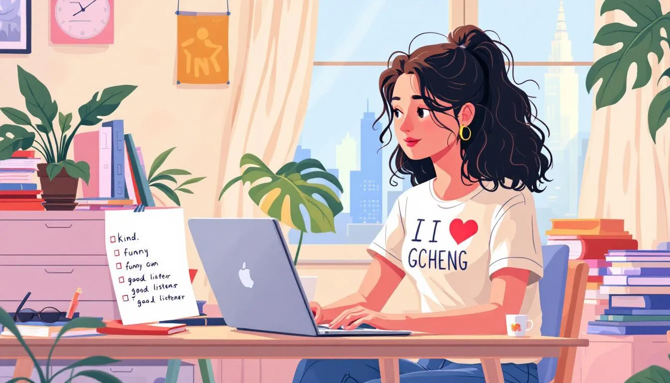 A person contemplating while looking at a list of qualities in a partner, symbolizing the search for compatibility.