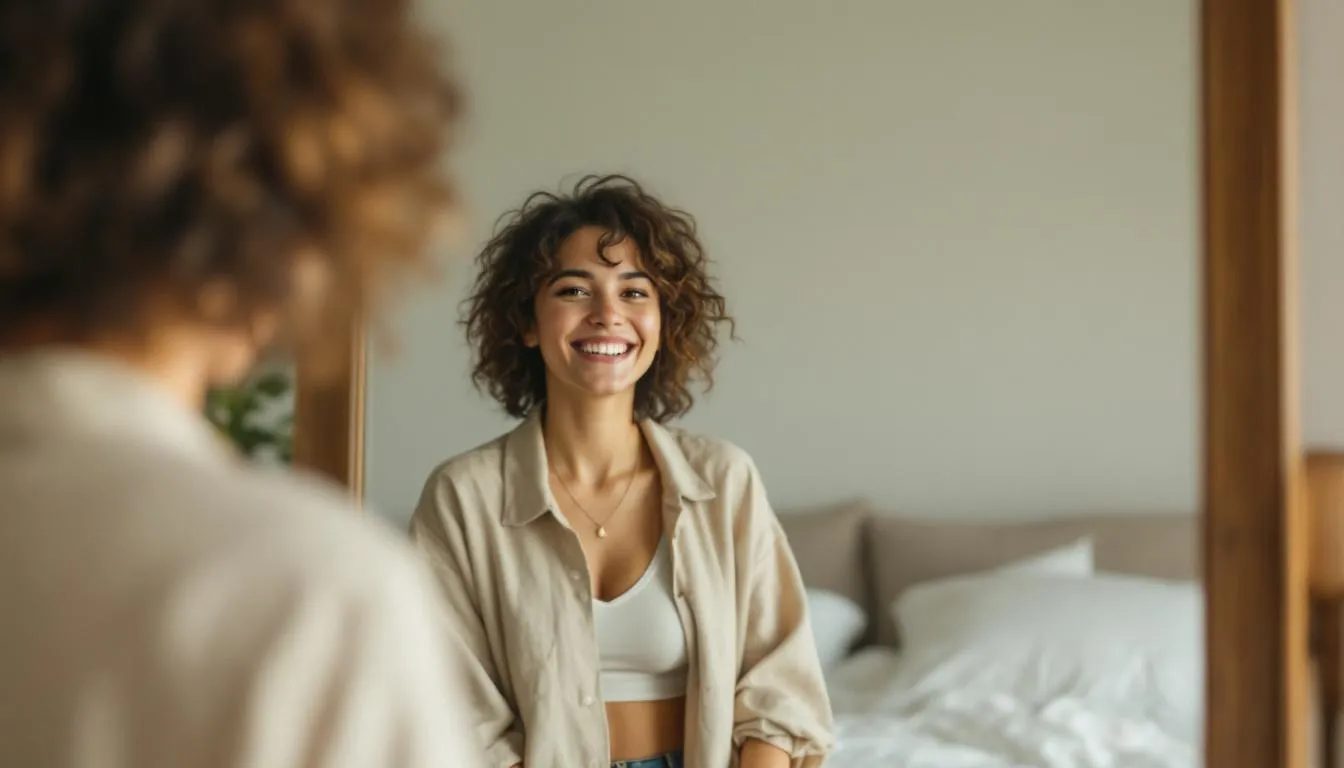 A confident person smiling in front of a mirror, representing self-improvement and attractiveness.