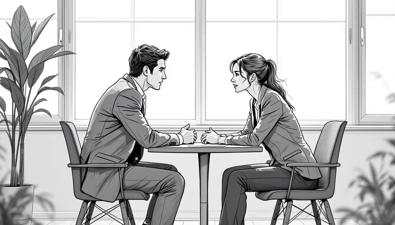 An illustration of two partners communicating, emphasizing trust in CNC relationships.