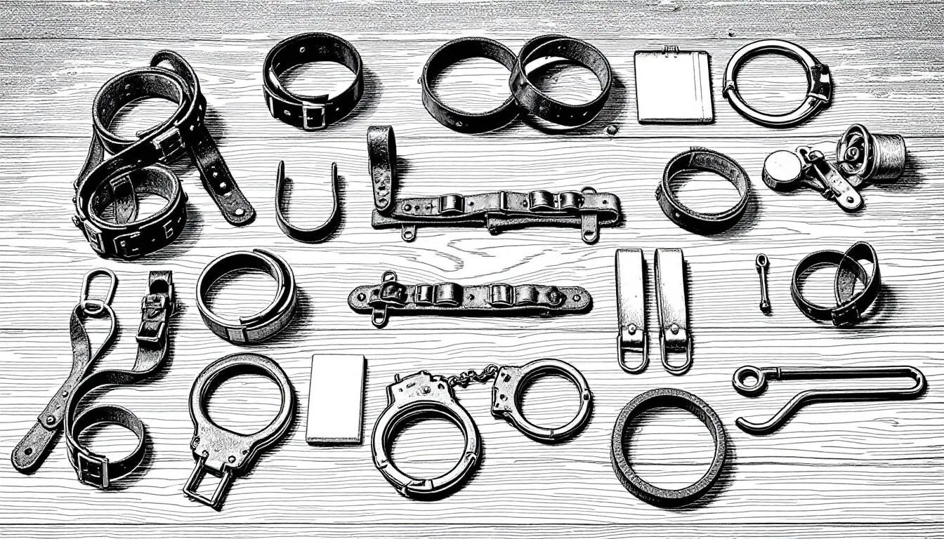 A variety of bondage restraints and cuffs showcased together, highlighting different types available for BDSM play.