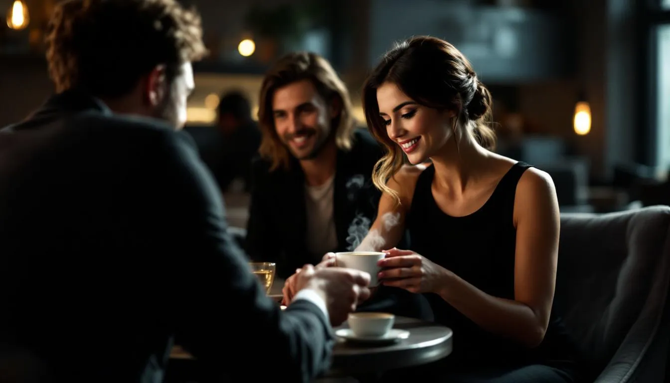 In a cozy setting, a woman leans in close to a man, playfully serving him coffee while engaging in a flirtatious conversation. The scene captures the intimate aftercare following a session of BDSM degradation play, highlighting the blend of tenderness and erotic tension between them.