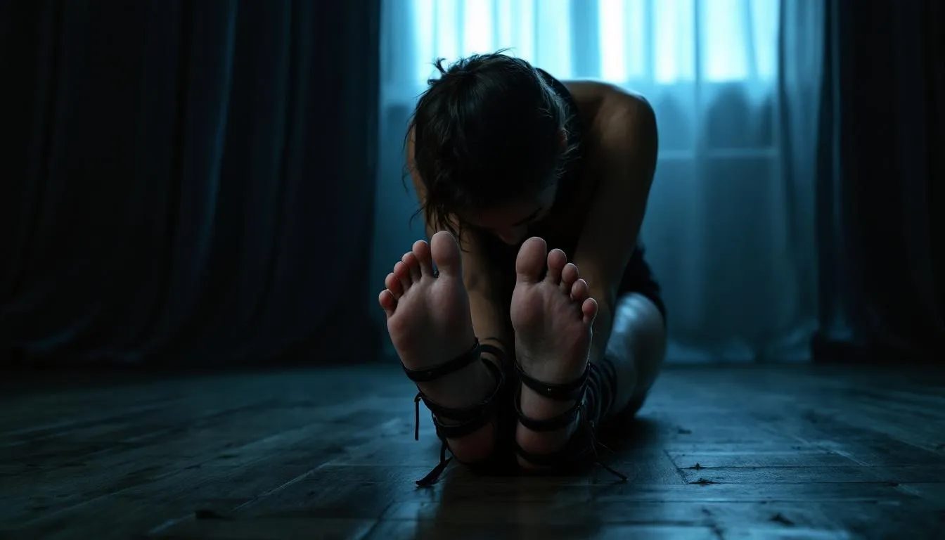 In this image, a submissive partner is engaged in foot worship, kneeling before a dominant partner who is wearing high heels, showcasing the power dynamics of BDSM practices. The scene highlights the sensual aspects of foot play, with a focus on bare feet and the psychological control that enhances sexual arousal and pleasure.