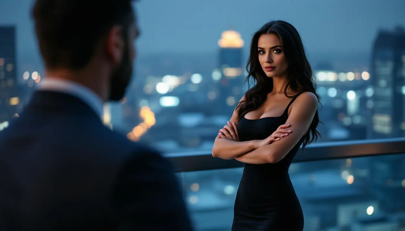 A seductive woman engages in a power exchange dynamic with a man, showcasing the psychological aspects of BDSM play. The scene suggests an atmosphere of trust and consent, where hypnotic suggestions and erotic hypnosis are used to deepen their connection and explore their fantasies together.