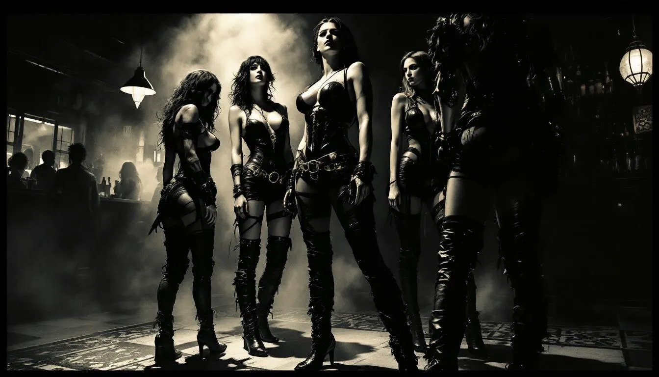 A vibrant scene from a fetish club event showcasing participants in leather attire.