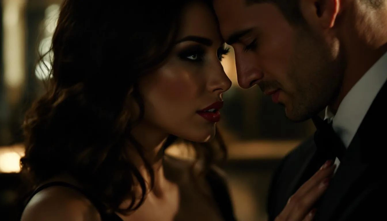 In a dimly lit room, a dominant partner engages in psychological play with a submissive, exploring themes of blackmail and desire through verbal humiliation and role play. The atmosphere is charged with tension as they navigate personal boundaries and consent, embodying the intricate dynamics of BDSM relationships.