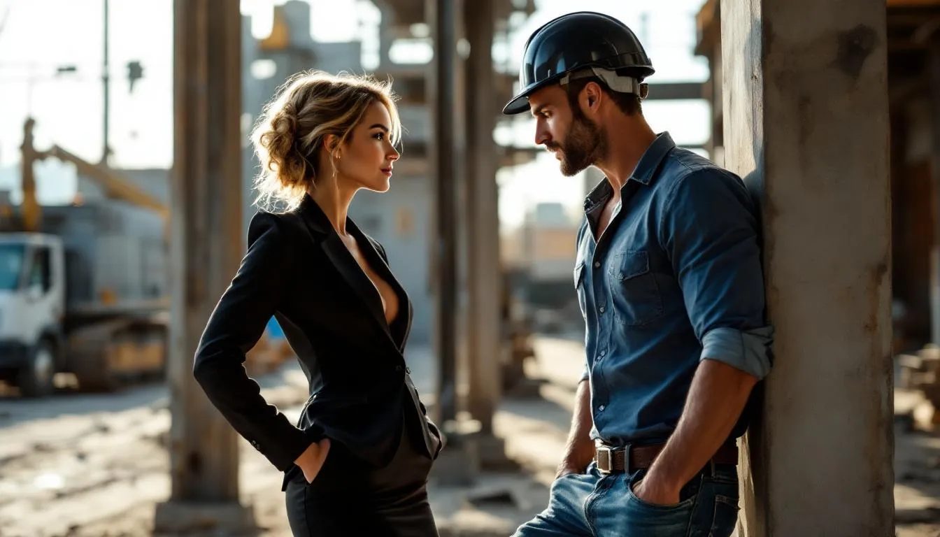 In this intimate scene, a confident female boss and a rugged male construction worker lock eyes, both eager to explore the power dynamics of their long-awaited connection. Tension fills the air as they lean in closer, hinting at a roleplay scenario that blurs the lines between authority and desire.