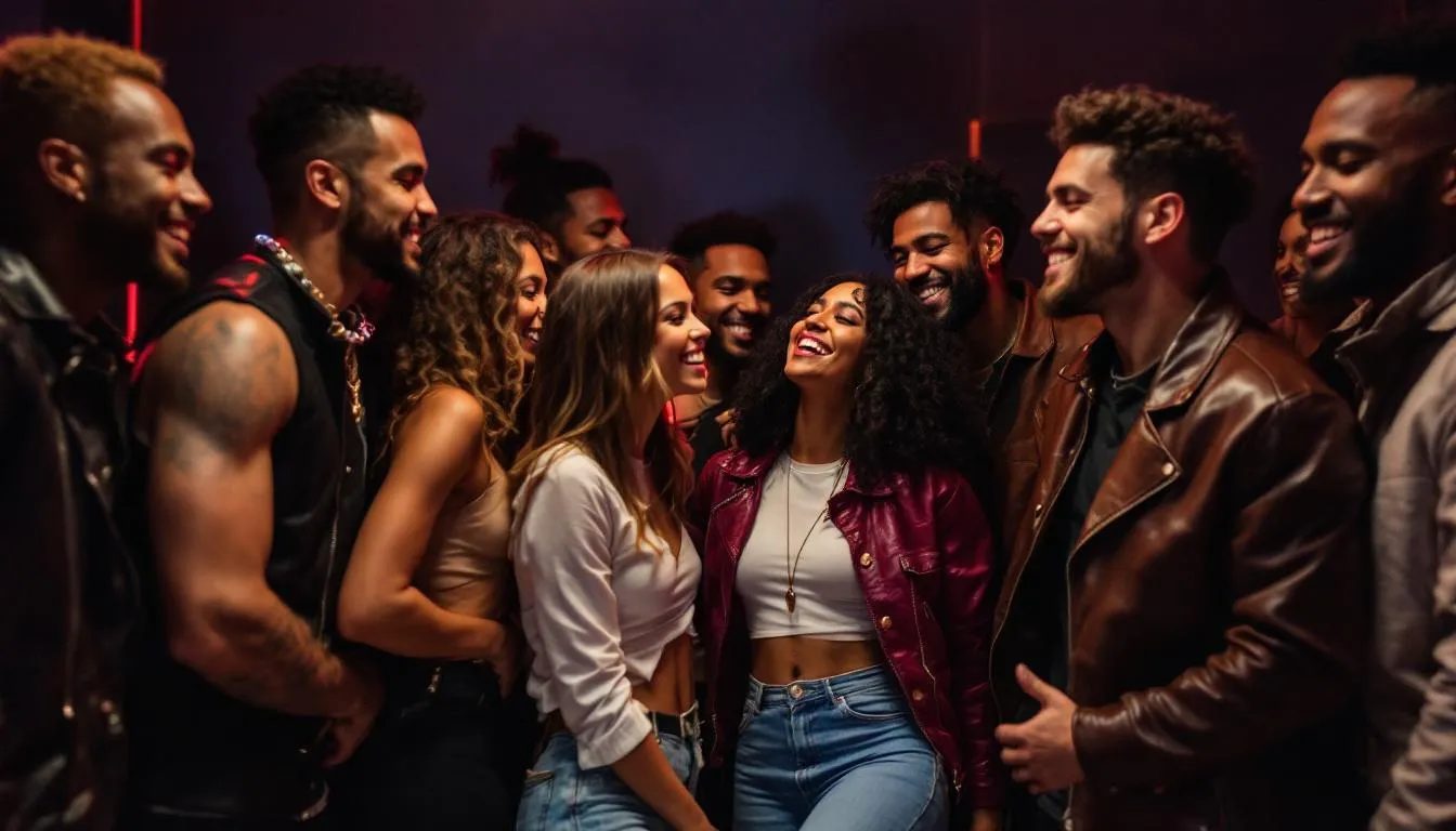 In a vibrant BDSM scene, a diverse group of consenting adults, including men and women, enthusiastically engages in playful dynamics of dominance and submission, showcasing various submissive roles and types. The atmosphere is charged with sexual arousal as they explore their desires through service submission, bondage, and the excitement of power play.