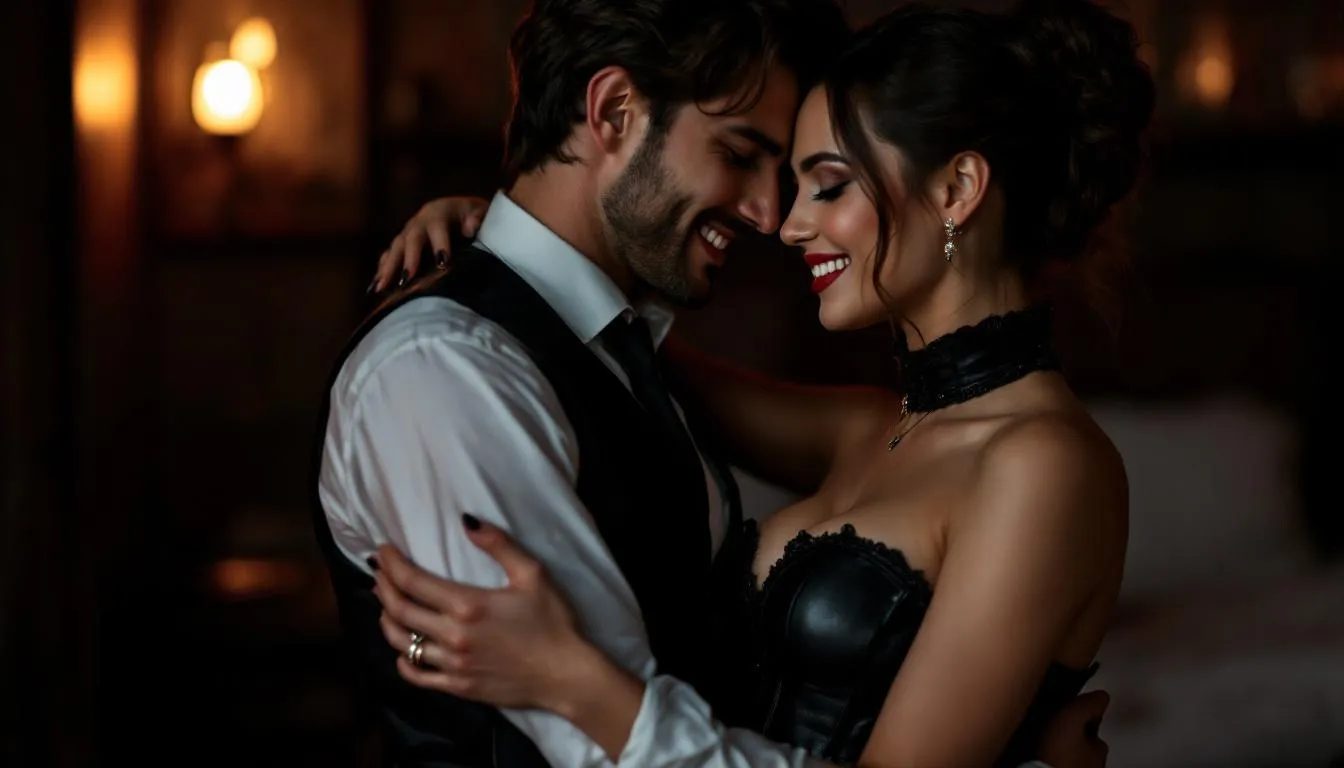 A happy couple dressed in stylish BDSM attire embraces each other, showcasing their emotional intimacy and power dynamics. They are engaged in playful exploration, surrounded by elements of a BDSM aftercare kit, symbolizing their commitment to aftercare and mutual trust in their relationship.