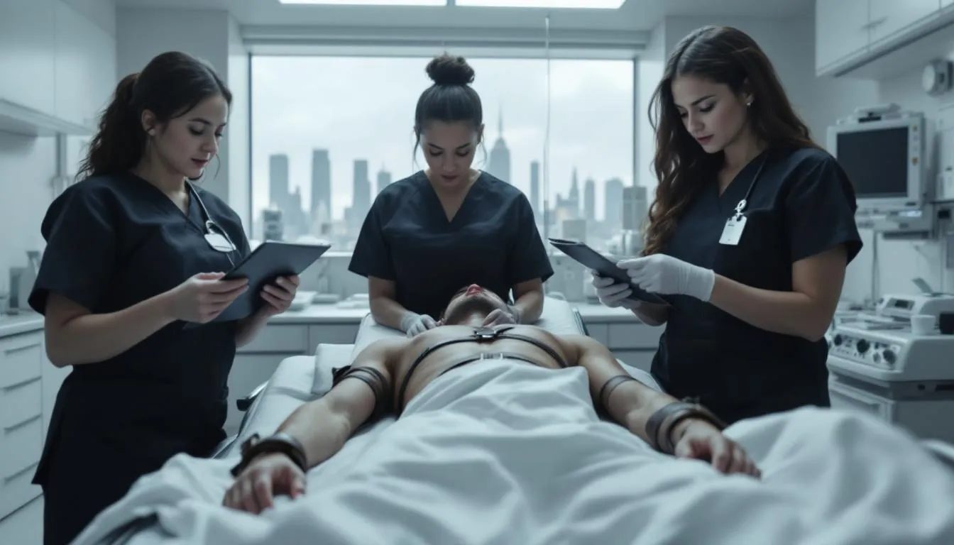 In a dimly lit operating room, a single male patient is surrounded by multiple women dressed as medical professionals, engaging in a BDSM role play scenario. The atmosphere is charged with sexual tension as the dominant partners explore medical kinks, using props like black rubber gloves and sensory tools, creating an enticing blend of medical fetish and erotic fantasy.