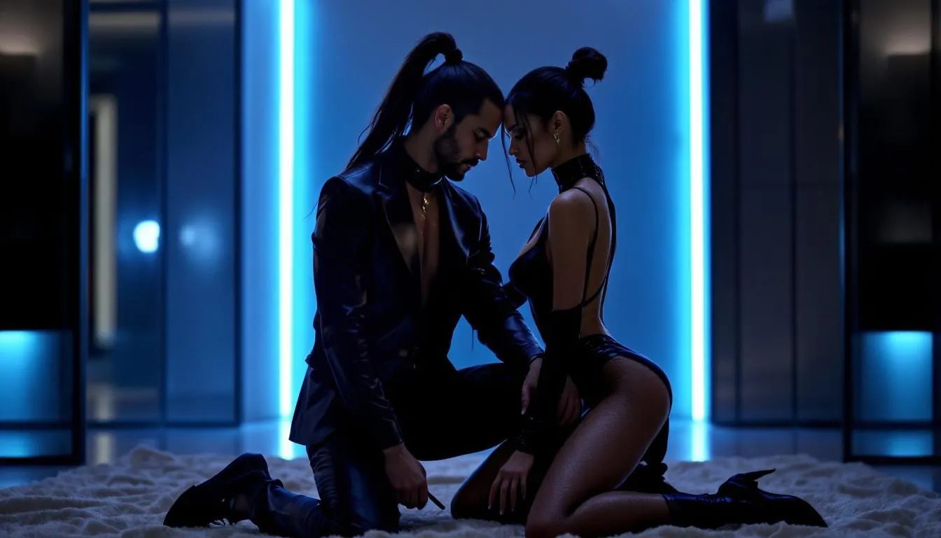 In this image, experienced BDSM practitioners engage in a consensual non consent (CNC) scene, showcasing a dynamic power exchange between a dominant partner and a submissive. The atmosphere is charged with emotional intensity, highlighting the importance of trust, clear communication, and established safe words for a safe and thrilling experience.