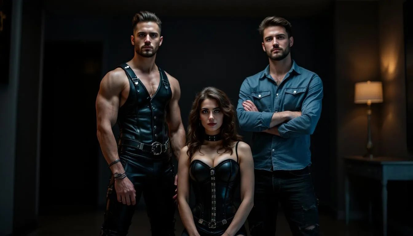 The image features a side-by-side comparison of a dominant and submissive BDSM couple, showcasing their contrasting styles and roles in a visually striking manner. Each partner embodies their respective dynamic, emphasizing the power exchange and personal relationships that define their connection, while also hinting at the complexities of caregiving responsibilities and emotional support.