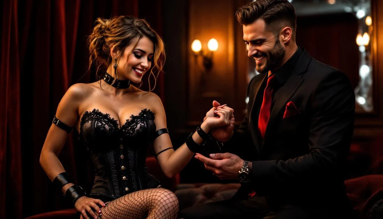 In a consensual BDSM scene, a sadist and masochist engage in pain play, exploring their emotional and physical limits while maintaining clear communication and mutual respect. The atmosphere is charged with arousal as they navigate their power dynamics, ensuring ongoing consent and emotional support throughout their intense experience.