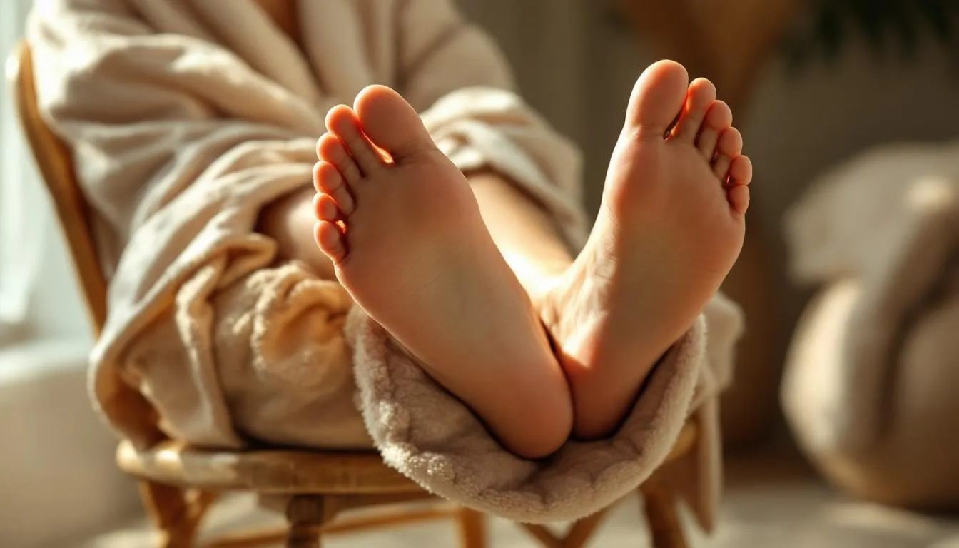 In this image, a submissive partner is kneeling before a dominant partner, who is playfully showcasing their bare feet, adorned with a fresh pedicure. The scene captures the essence of foot worship fantasies, highlighting the power dynamics and sexual pleasure that come from foot play within the BDSM community.
