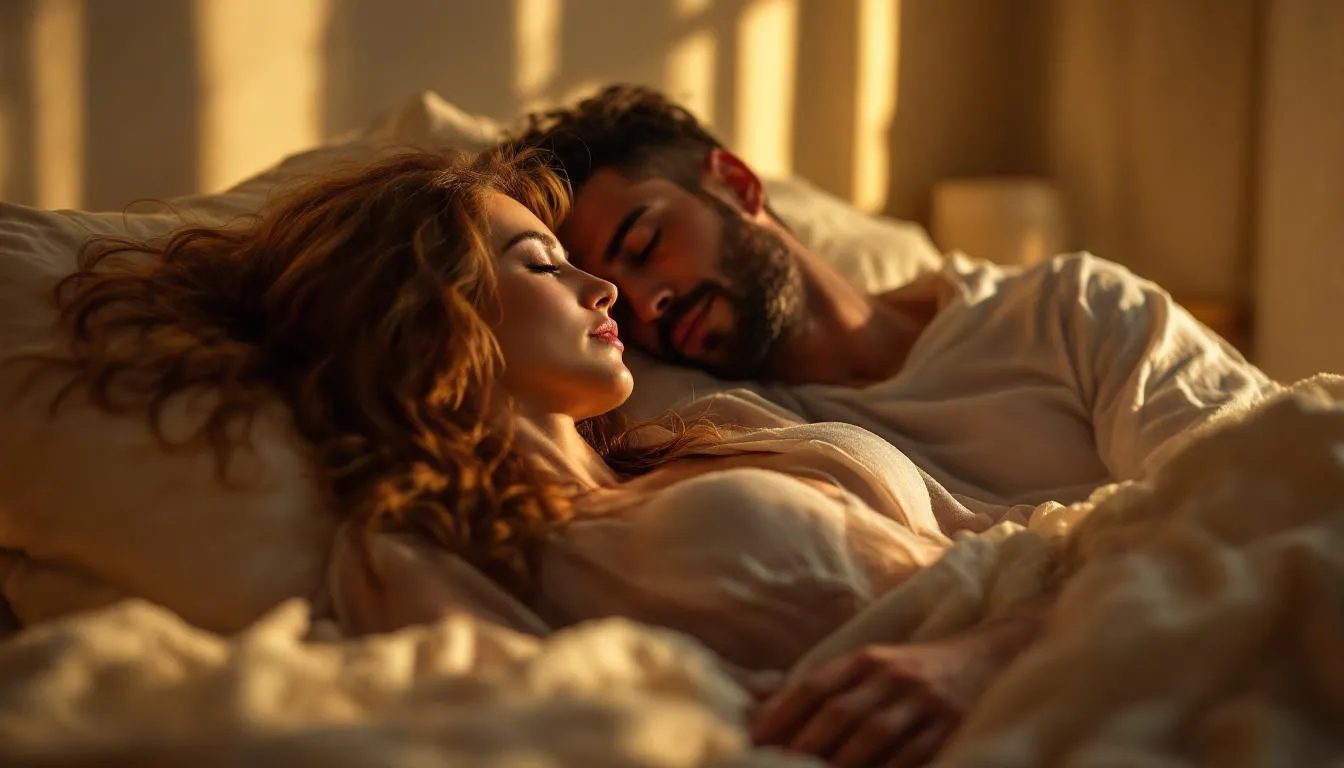 In this intimate scene, two partners are engaged in a post-bdsm cuddle, surrounded by soft textures like silk scarves, emphasizing emotional and physical safety. The atmosphere radiates comfort and connection, highlighting the importance of clear communication and mutual satisfaction in their exploration of kink and power dynamics.
