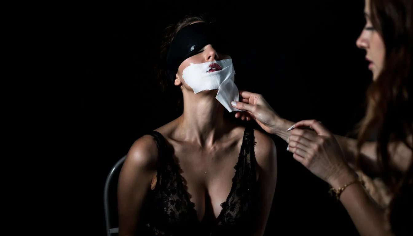 A woman is depicted in a sensual scene as she slowly removes a blindfold, symbolizing the theme of sensory deprivation in BDSM play. The atmosphere is charged with sexual arousal and desire, highlighting the emotional intimacy and power dynamics often explored in unconventional sexual interests.