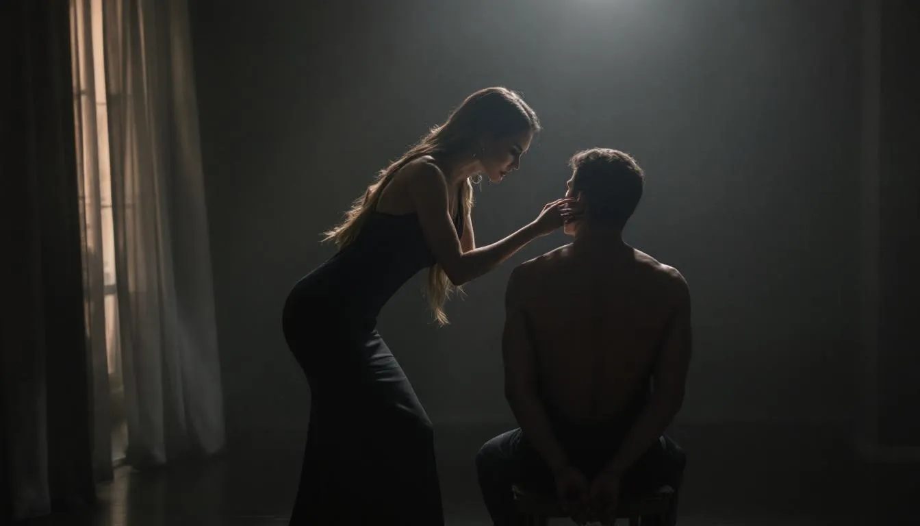 A confident woman, acting as a hypnotist, is engaging in a sensual BDSM scene with a man who appears entranced by her commands. The atmosphere is charged with erotic hypnosis, emphasizing the psychological aspects of power exchange and the deep trust built between the dominant partner and the submissive subject.