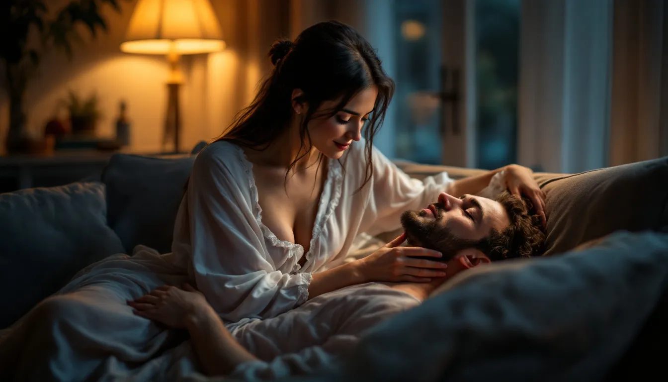 A dominant woman lovingly nurtures her submissive partner, creating an intimate atmosphere that extends beyond the bedroom, highlighting their unique femdom relationship. The scene captures the essence of power dynamics and emotional connection in their everyday life, emphasizing the gentle femdom practices that enhance their sexual pleasure.