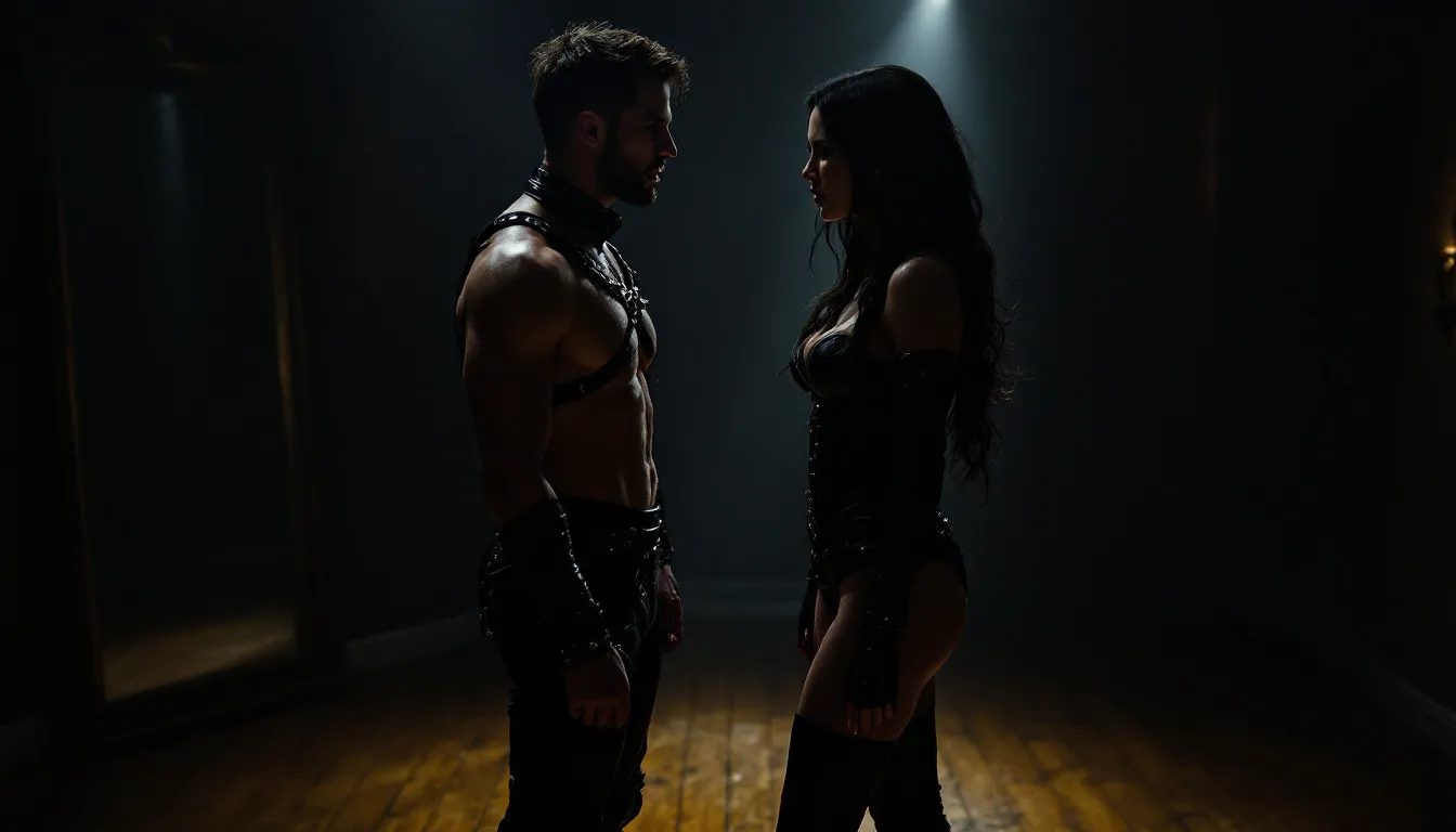 In the image, two partners dressed in sexy BDSM attire engage in an intimate conversation about various methods of gagging, including ball gags and mouth gags, while exploring the dynamics of BDSM play. Their body language suggests a playful and open discussion about safe words and the experience of gagging in a consensual setting.