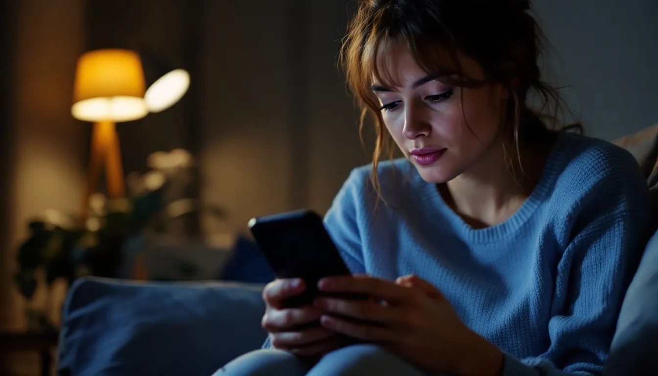A woman is sitting comfortably, looking intently at her phone as she searches for a potential casual sex partner through dating apps, exploring options for casual encounters and one night stands. The scene reflects the modern approach to relationships, emphasizing clear communication and the desire to keep things casual.
