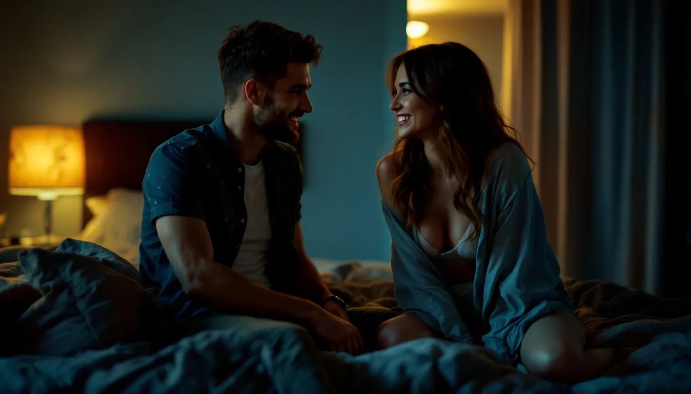 A couple is playfully preparing for an intense session of rough sex in a dimly lit bedroom, with the woman playfully tugging at her partner's hair while they share flirtatious glances. The atmosphere is charged with anticipation, hinting at the wild pleasure and excitement to come.