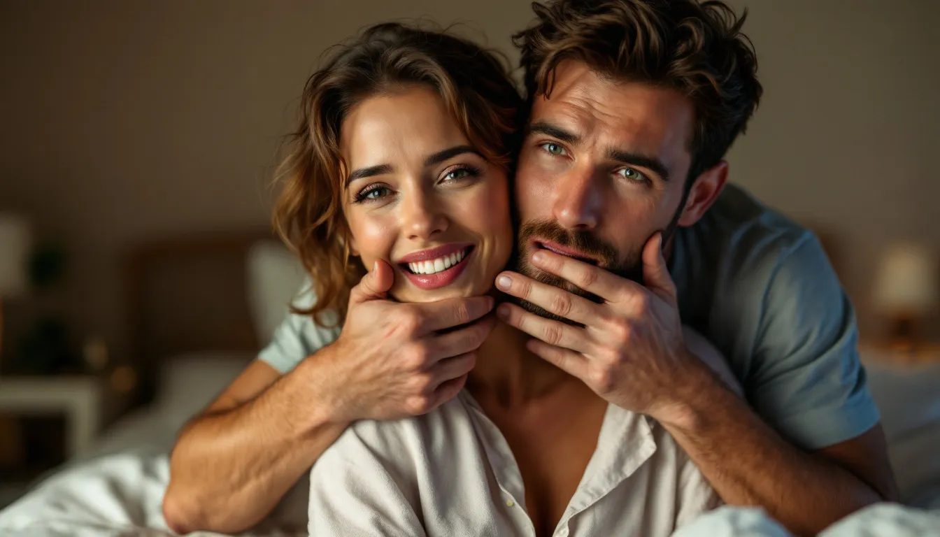 A couple is preparing for a gagging session, with the woman displaying a caring facial expression as she gently holds a ball gag, indicating a focus on safety and consent in their BDSM play. The atmosphere suggests a mix of intimacy and anticipation for their sexual activities.