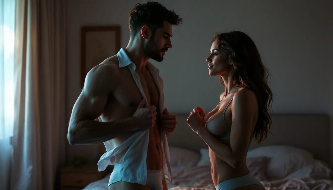 A sexy couple is in the process of undressing, suggesting a casual encounter focused on pleasure and intimacy. Their body language indicates mutual interest, highlighting the dynamics of casual sex and the excitement of exploring a new partner.