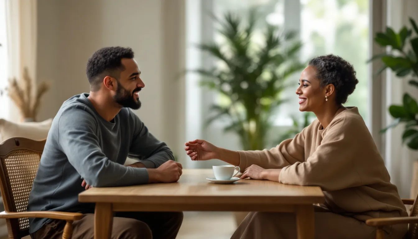 In this image, a woman lovingly serves tea to a man after an intimate moment of body worship, emphasizing the themes of consent and safety in their connection. The scene captures a warm and gentle atmosphere, highlighting the importance of communication and mutual respect in their relationship.