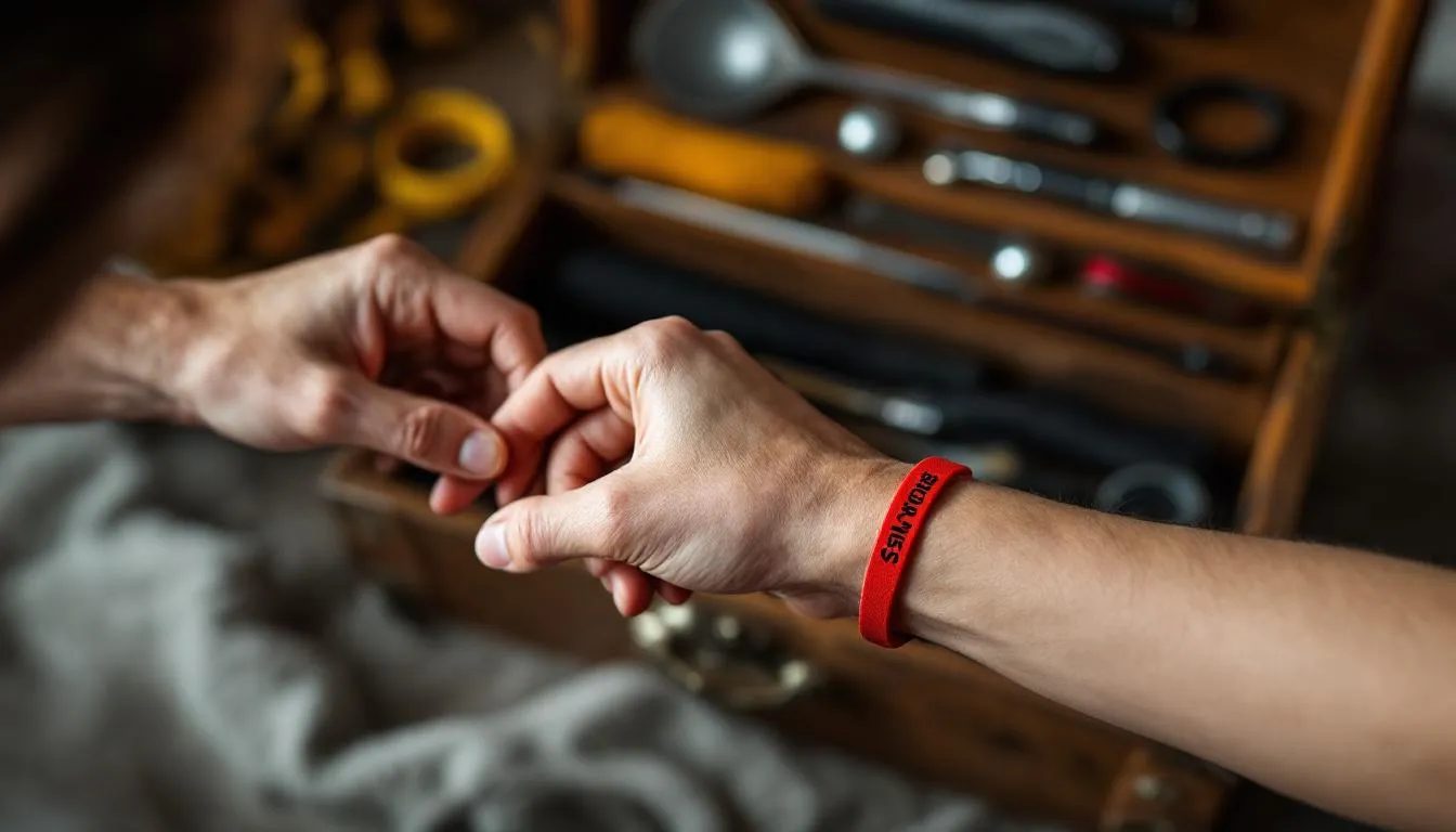 In the image, two pairs of hands are engaged in a meaningful act of BDSM safety, with one hand fastening a safe-word bracelet around the wrist of the other. In the background, a neatly organized collection of high-quality sex toys is displayed in an open case, highlighting the importance of proper care and storage for safe and enjoyable experiences.