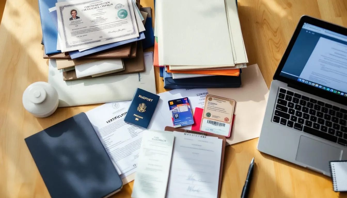 The image shows a desk cluttered with professional credentials and verification documents, highlighting the importance of ensuring safety and trust in online dating. These documents serve as a reminder to be aware of potential warning signs and red flags when engaging with dating apps and profiles.