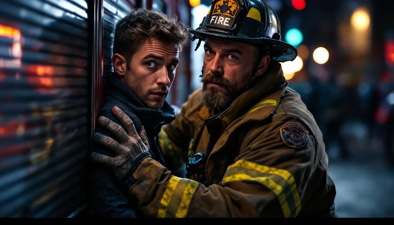 In this playful and flirty scene, a firefighter in soot-streaked turnouts pins a "rescued" citizen against a fire truck, creating an atmosphere of sexual tension and power dynamics as he huskily suggests mouth-to-mouth. This role play scenario invites consenting adults to explore their fantasies and embrace the excitement of different personas in a safe space.