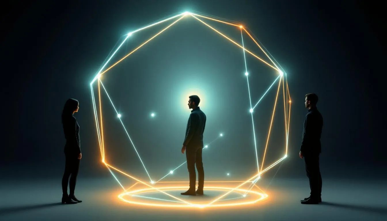 The image depicts a person standing within a glowing circle of interconnected symbols, representing their physical, emotional, and spiritual boundaries in the BDSM community. Their gentle touch on one glowing line signifies the importance of communication and consent, while a respectful partner waits outside the circle, embodying the principles of the traffic light system for safe words and limits in kink play.
