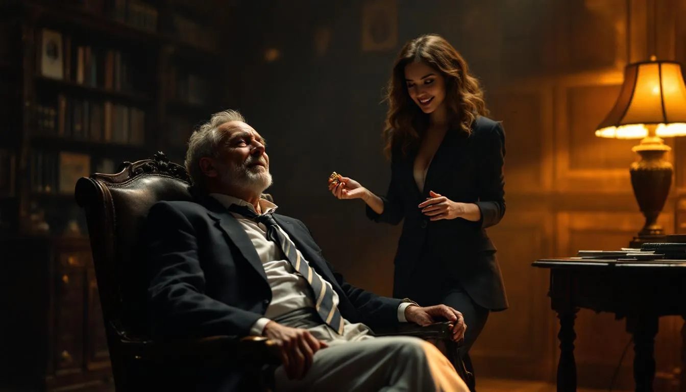 In a quiet, book-filled study, a once-dominant professor is now playfully restrained by his own silk tie, intently observing his former student as she circles him with a mischievous grin, setting the stage for an evening of sexual roleplay and power dynamics. The scene captures the essence of classic kink roleplay scenarios, where the lines of authority and desire blur in a playful exploration of fantasies.