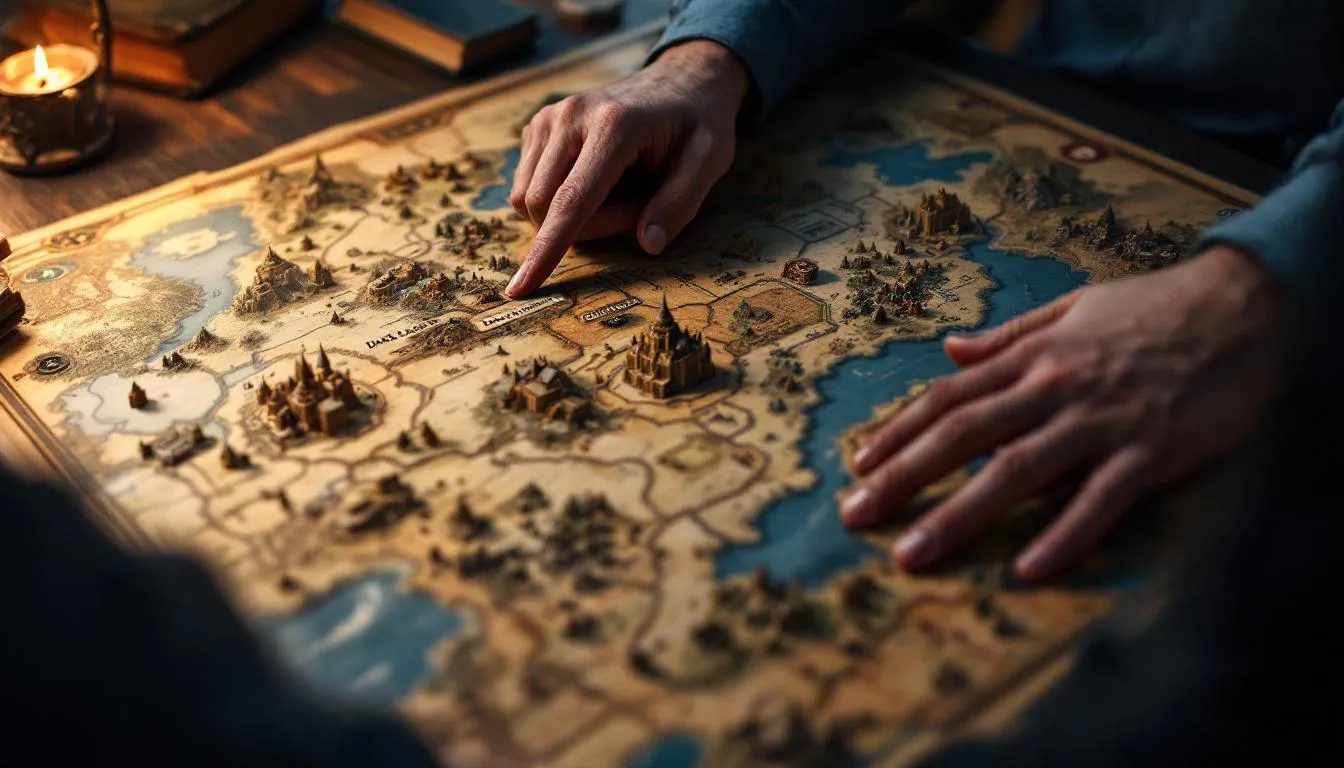 In a cozy setting, two players engage in a fantasy role play, with a detailed campaign map spread out before them. One player excitedly points to the "Dark Lord's Citadel," symbolizing a long-term goal, while their other hand rests affectionately on their partner's thigh, blending the thrill of adventure with a growing intimacy in their relationship.