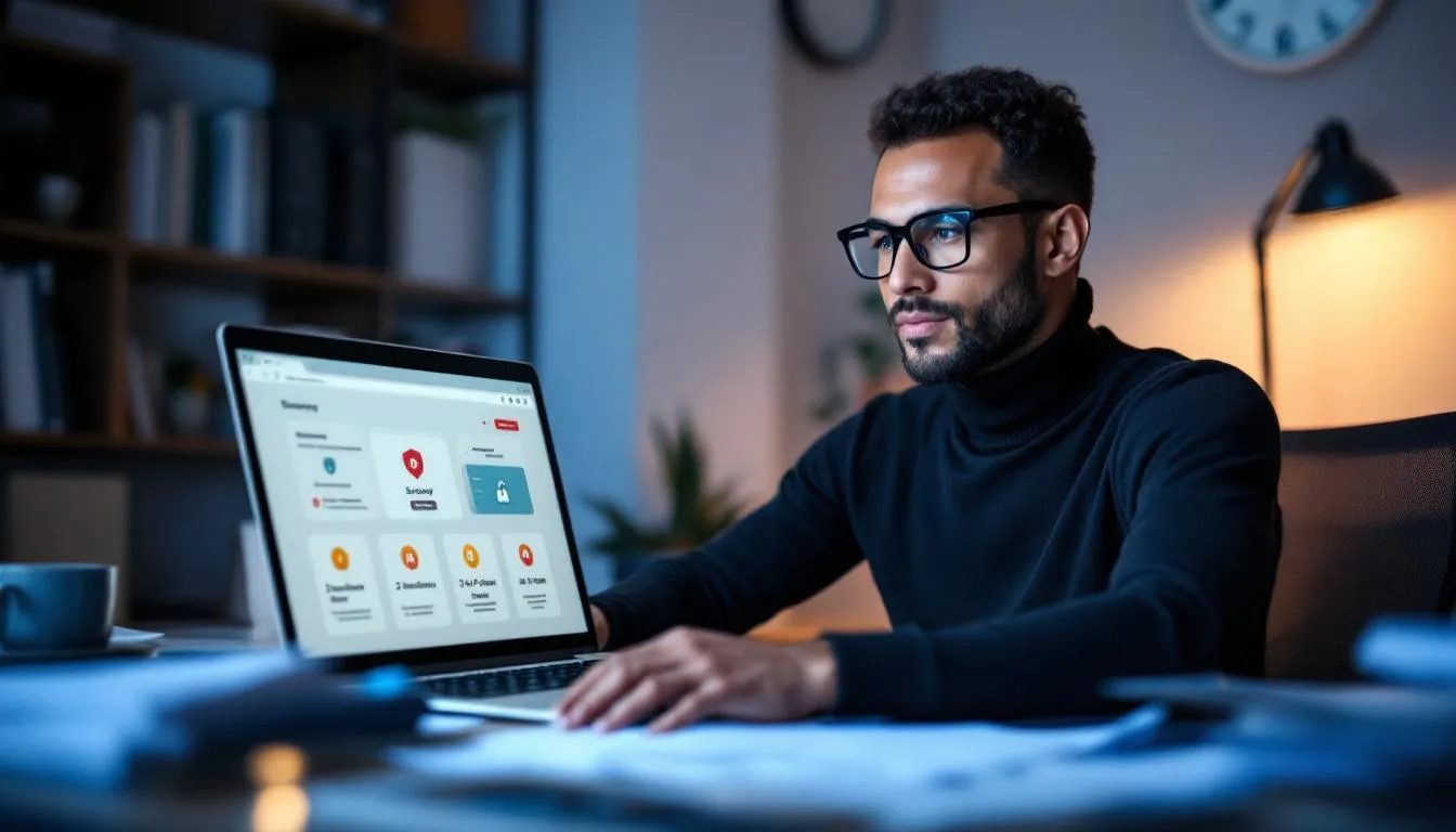 The image depicts a digital landscape illustrating the importance of account security in online dating, featuring symbols of end-to-end encryption and warning signs for potential scammers. It emphasizes safety tips for users on dating apps, highlighting the need to protect personal details and maintain anonymity while engaging in chat rooms and video calls.