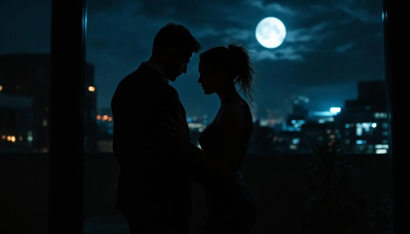 In a dimly lit corner of an office rooftop party, the CEO subtly lowers their hand on their employee's back, hinting at the power dynamics and office fantasies unfolding amidst the crowd's murmurs, creating an atmosphere charged with anticipation and desire. The scene captures the essence of role play and building tension in a professional setting, where boundaries are both explored and respected.