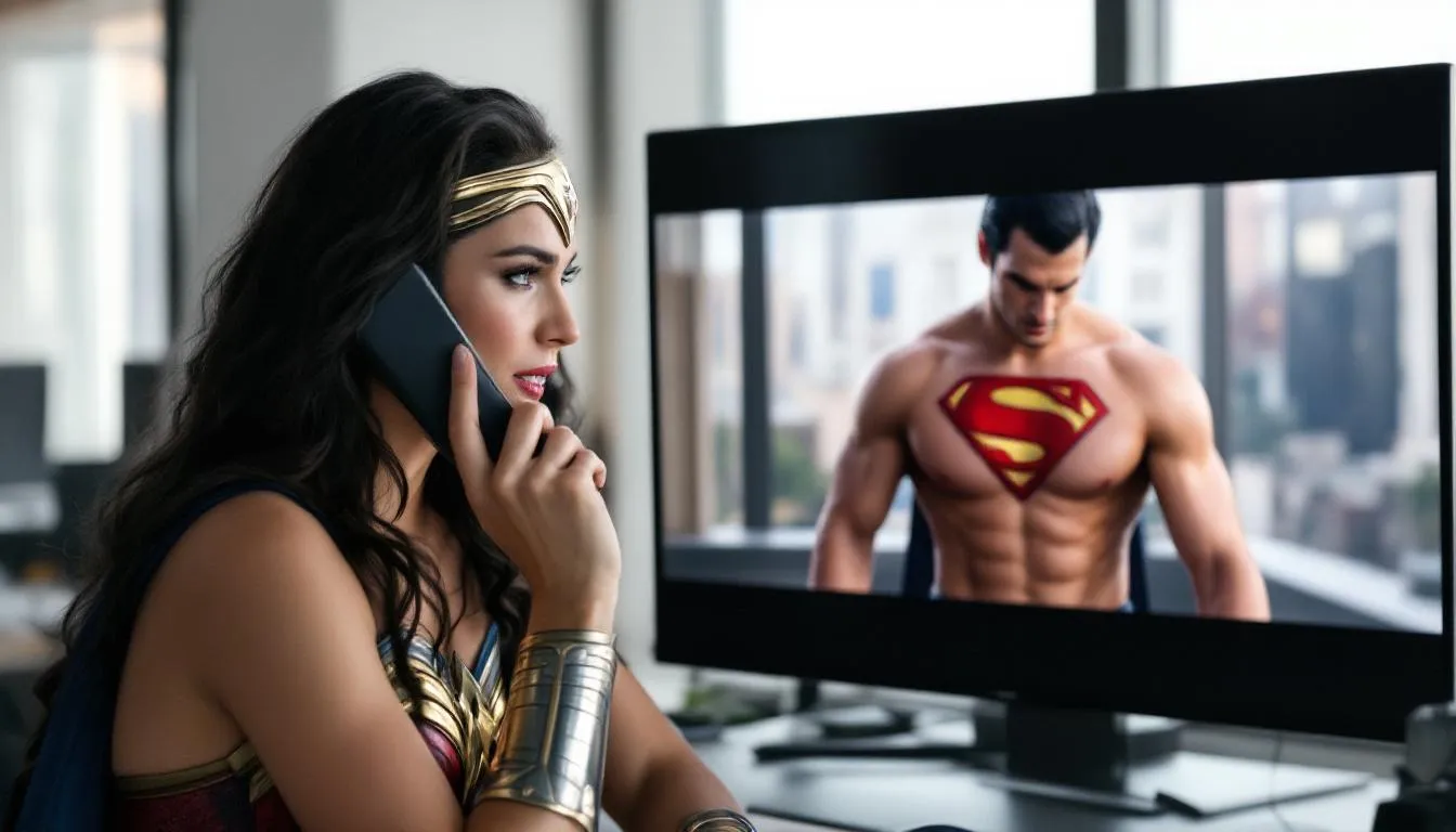 The image depicts Wonder Woman engaged in a phone conversation, while on the split screen, a topless Superman appears, representing an exploration of power dynamics and roleplay scenarios between these iconic superheroes. This playful scene invites viewers to consider themes of dominance, vulnerability, and the mutual fun found in their alter egos.
