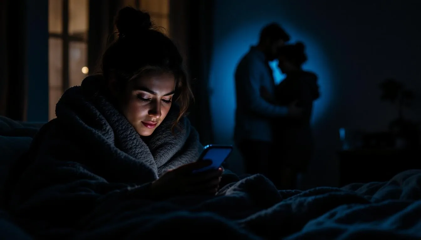 The image depicts a deeply personal aftercare scene, with one partner wrapped in a soft, weighted blanket, quietly scrolling through a phone displaying a sweet follow-up message, while another couple shares a comforting embrace across the room, illustrating the emotional and physical needs that are integral to the aftercare process in BDSM play. This tableau highlights the importance of emotional support and recovery following an intense BDSM scene, emphasizing the unique and individualized nature of aftercare.