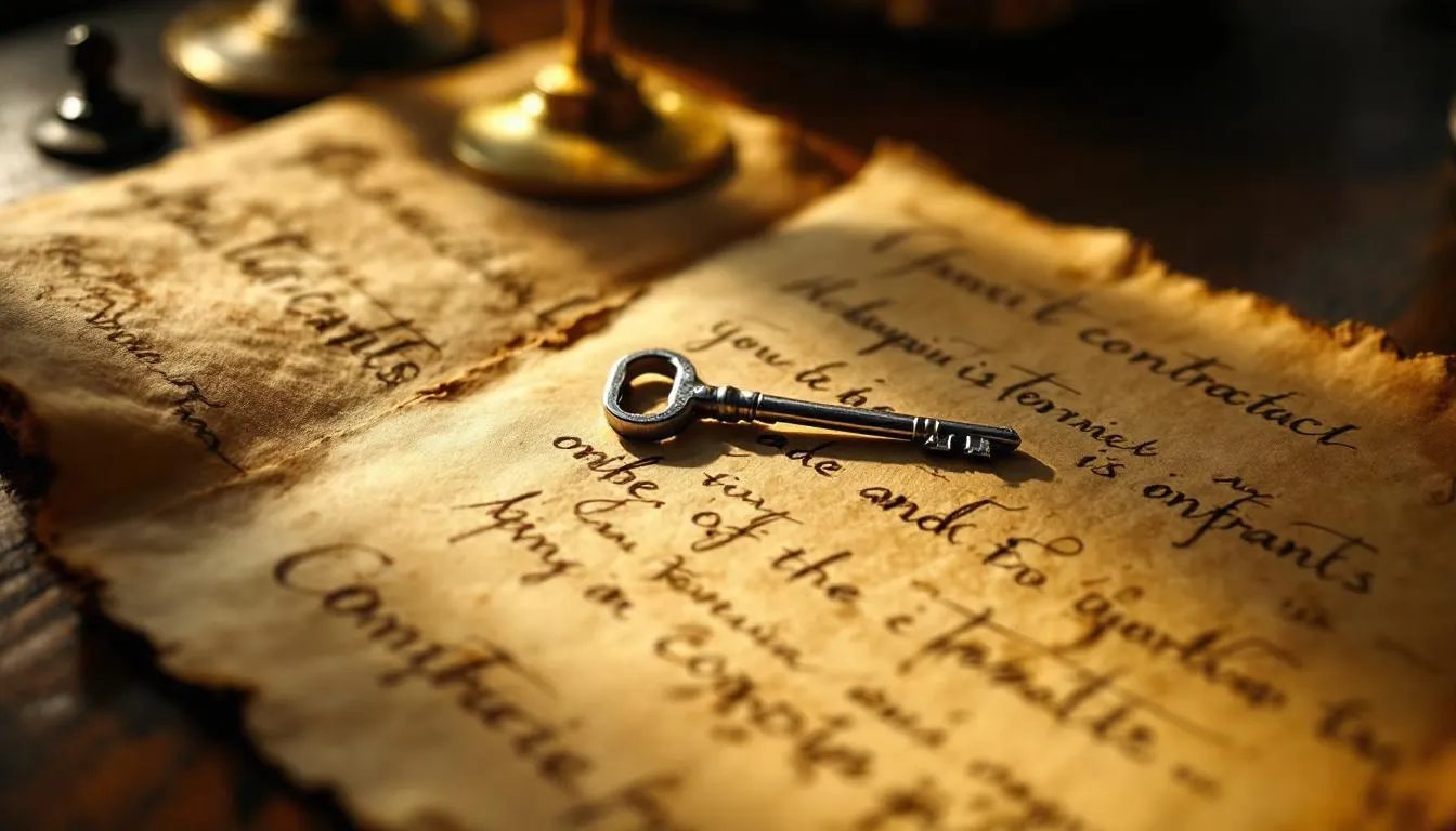 The image features a sensual, artistic composition of a handwritten contract on aged parchment, signed by two partners, with a single elegant key symbolizing trust and power dynamics. Soft, warm lighting enhances the intimate setting, suggesting themes of ongoing communication and emotional connection in today's digital age.