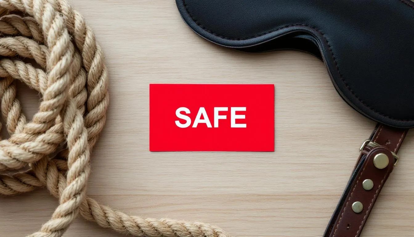 A red safe word card rests on a table, symbolizing safety and consent in a scene of interrogation roleplay, nestled between a coiled rope and a blindfold, highlighting the importance of clear boundaries and mutual respect in BDSM practices. This setup emphasizes the emotional well-being and physical safety of participants engaged in exploring kink and power dynamics.