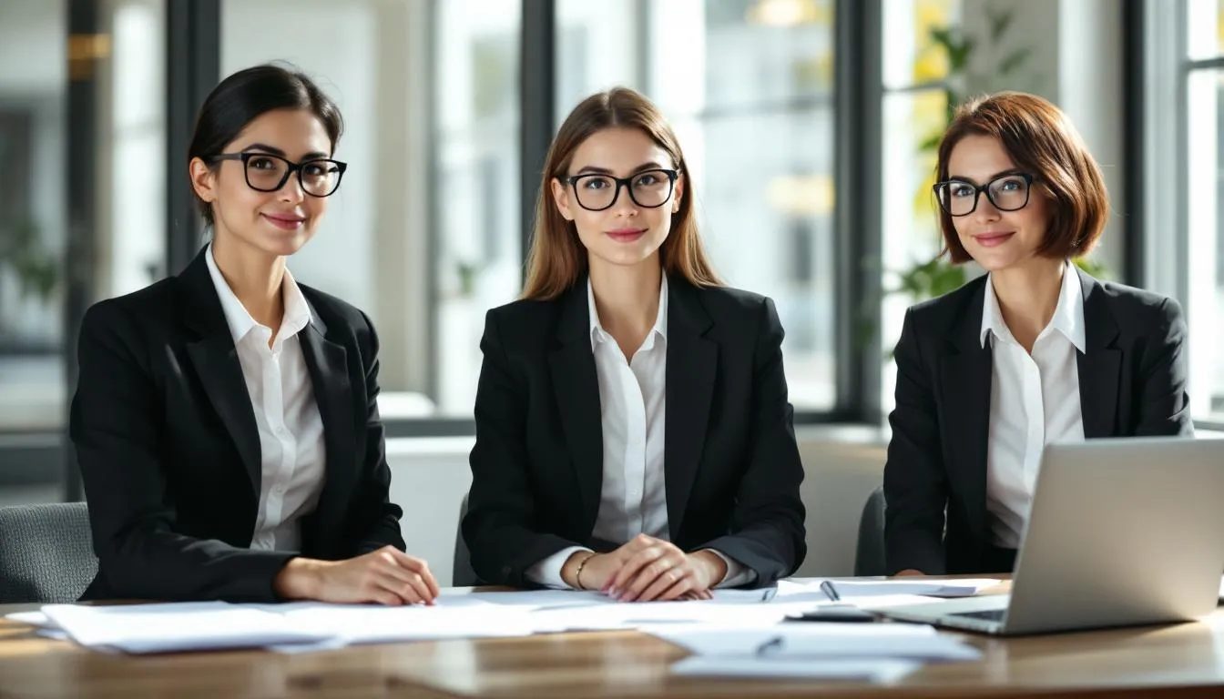 The image features several sexy women dressed in professional attire, sitting confidently at a table while wearing stylish glasses, exuding an air of authority and allure. This scene could evoke themes of power play and role playing scenarios, inviting viewers to imagine various BDSM interrogation roleplay scripts and the dynamics of mutual respect and consent.