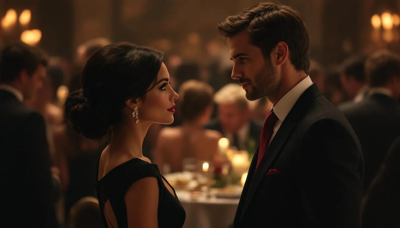 A couple shares a knowing glance across a crowded room, their body language conveying a silent understanding that speaks volumes about their fulfilling relationship, even amidst the social noise of family gatherings and friend celebrations. This intimate moment highlights the power dynamics of their bond, allowing them to communicate openly without words, setting clear boundaries in seemingly impossible social situations.