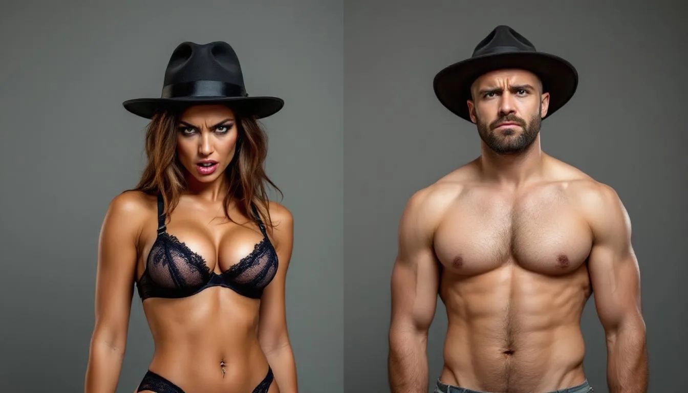 An angry woman in lingerie confronts a remorseful, topless man over a split screen, both wearing the same humorous hat. This scene highlights a playful yet tense power dynamic often explored in BDSM role play scenarios, where the submissive partner navigates the complexities of desire and discipline.