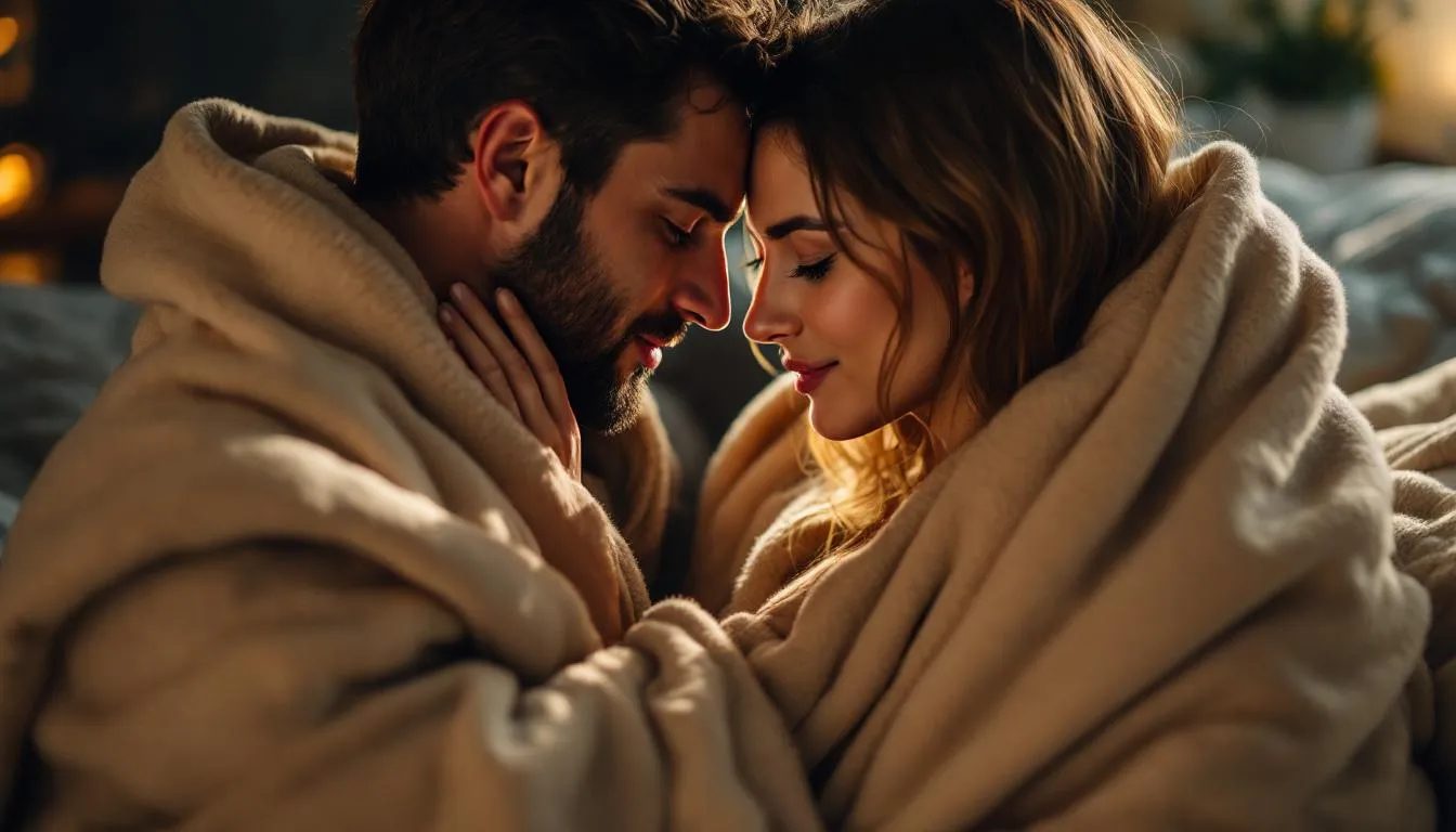 The image depicts two partners wrapped in a soft blanket, their foreheads gently touching in a moment of intimacy, embodying emotional safety and trust after an intense roleplay scene. Their shared stillness and embrace highlight the deep emotional bond and essential aftercare that grounds their exploration of power dynamics.