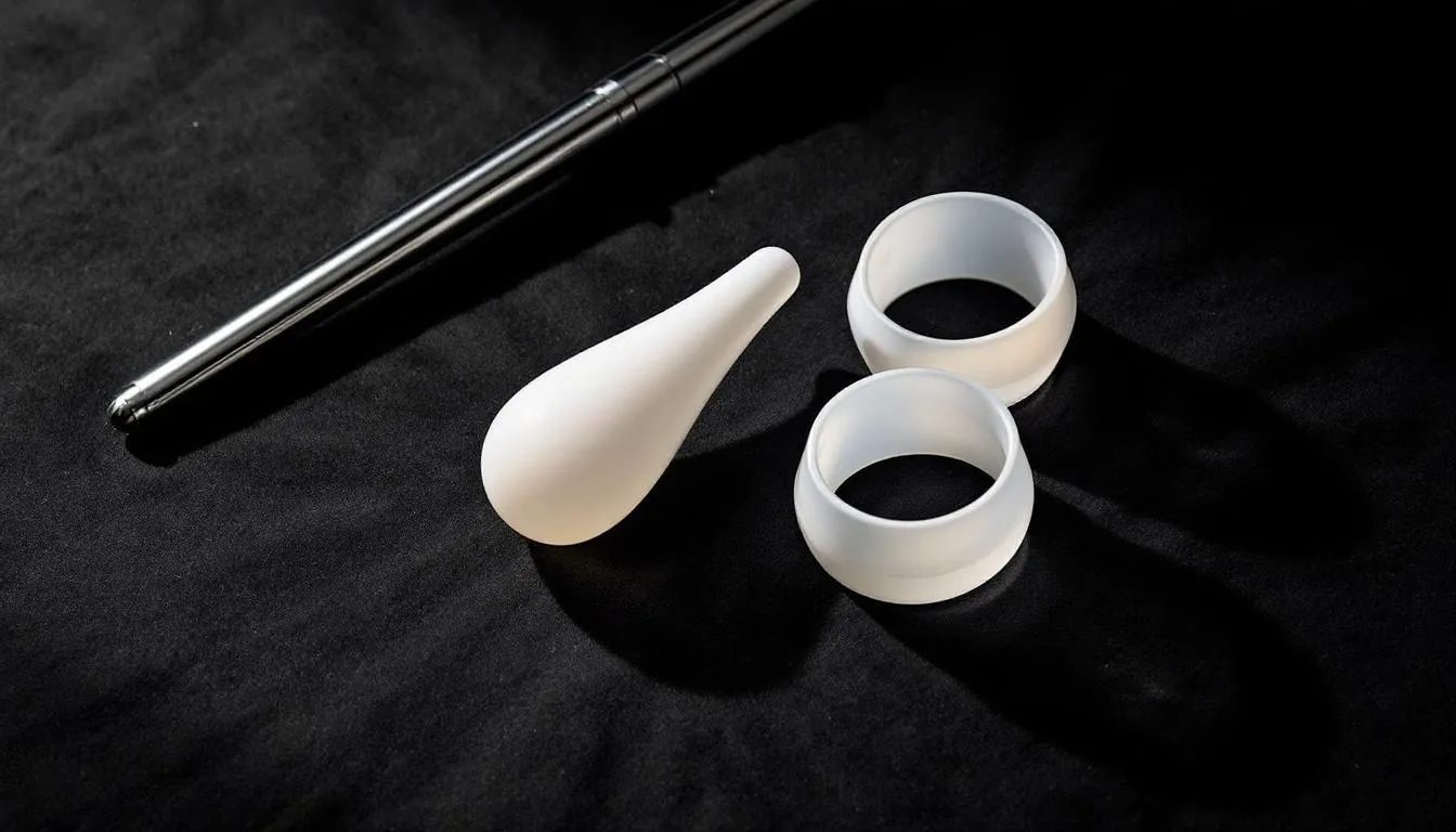 The image features a curated selection of body-safe BDSM toys, including a gleaming stainless steel wand, a smooth borosilicate glass dildo, and supple silicone cuffs, all arranged on dark velvet. The clean lighting accentuates their non-porous surfaces, highlighting the importance of proper sex toy cleaning and storage for long-term use.