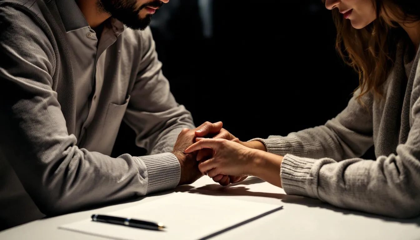 In a moment of intimate negotiation, two partners share a deep connection, with one gently holding the other's wrist in a gesture of trust rather than restraint. A contract and pen sit on the table, illuminated by soft lighting that emphasizes their mutual understanding and the power exchange inherent in their relationship.