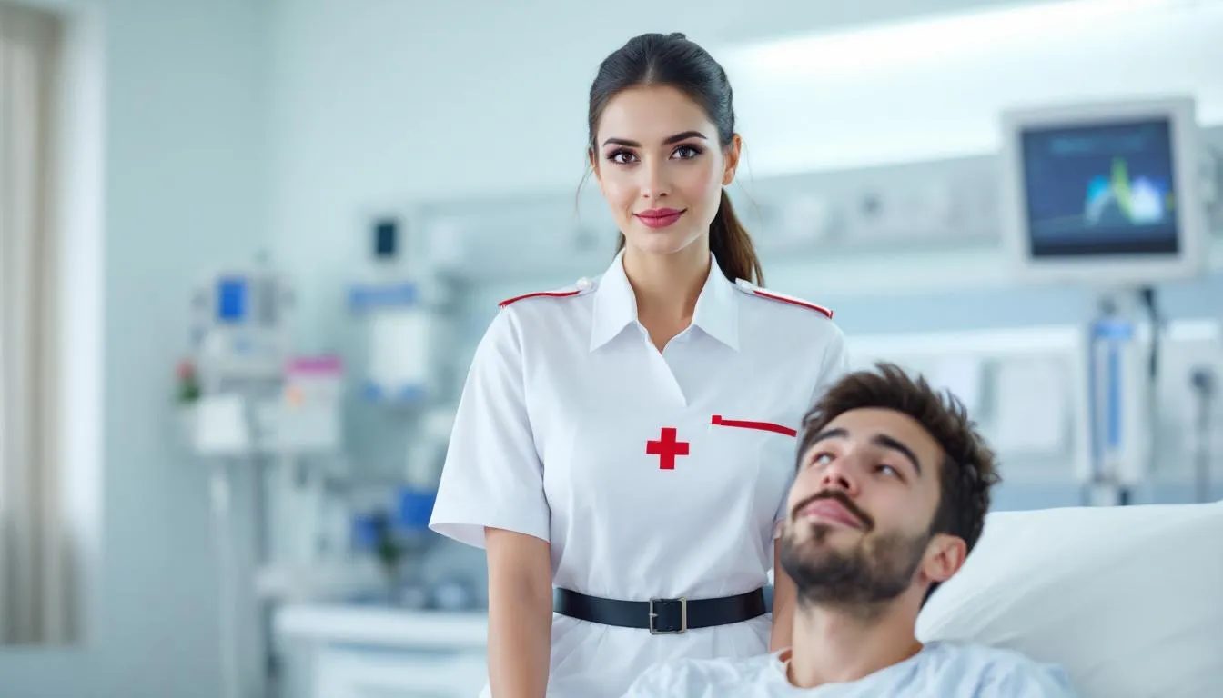 A playful scene featuring a dominant nurse in a flirtatious outfit, confidently engaging with a naughty patient, showcasing a mix of humor and playful banter. The setting emphasizes the nurse roleplay theme, with elements that hint at a whimsical approach to care and examination.