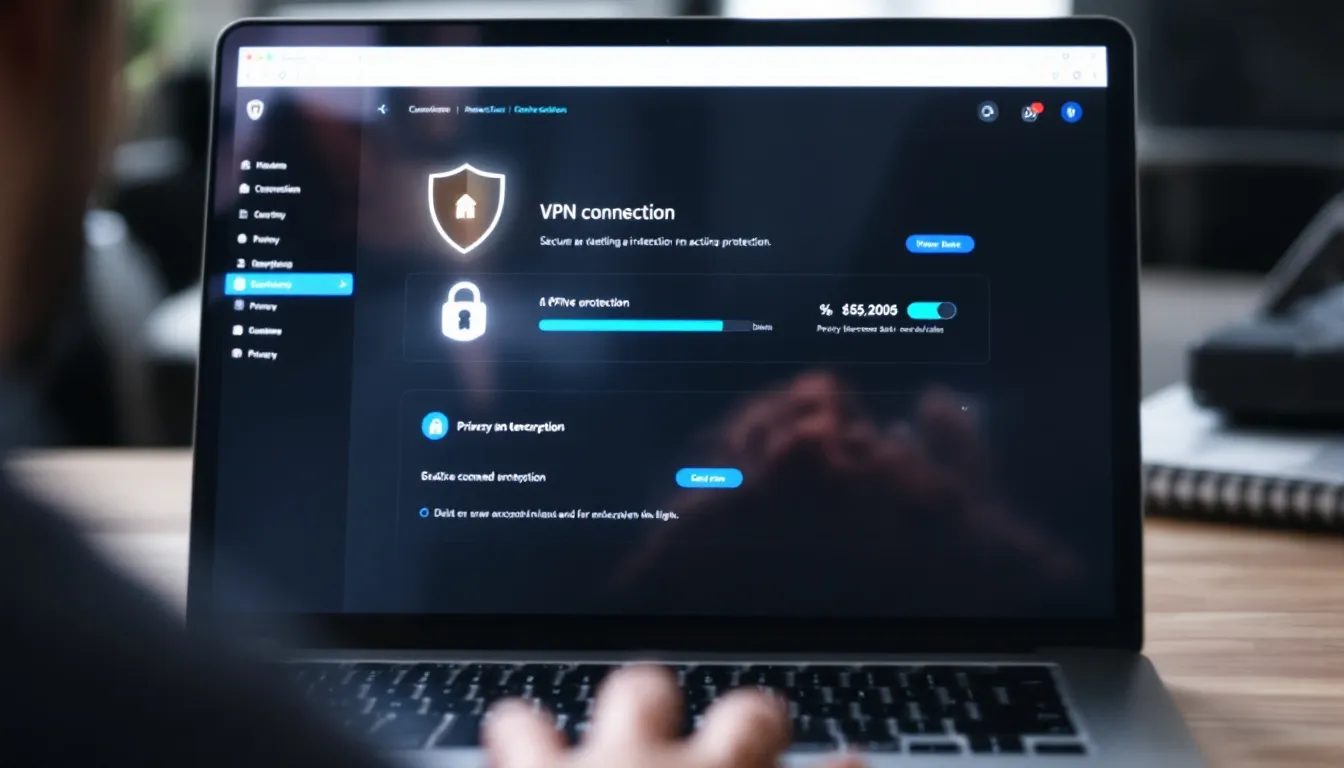 The image depicts a computer screen displaying a VPN connection interface, featuring security settings and privacy indicators that ensure safe online browsing. This setup emphasizes the importance of maintaining security while engaging in activities like adult chat rooms and other online interactions.