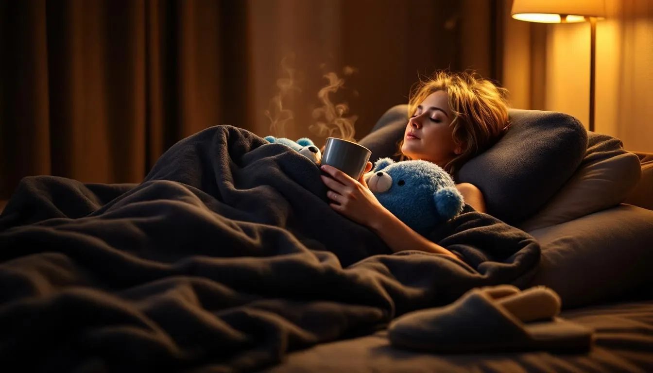 The image depicts a person wrapped in a soft weighted blanket, cradling a warm mug and a plush stuffed animal, creating a cozy atmosphere for emotional support after an intense BDSM scene. A massaging pillow supports their back, while memory foam slippers rest nearby, all under soft lighting that fosters a sense of comfort and safety during the aftercare process.