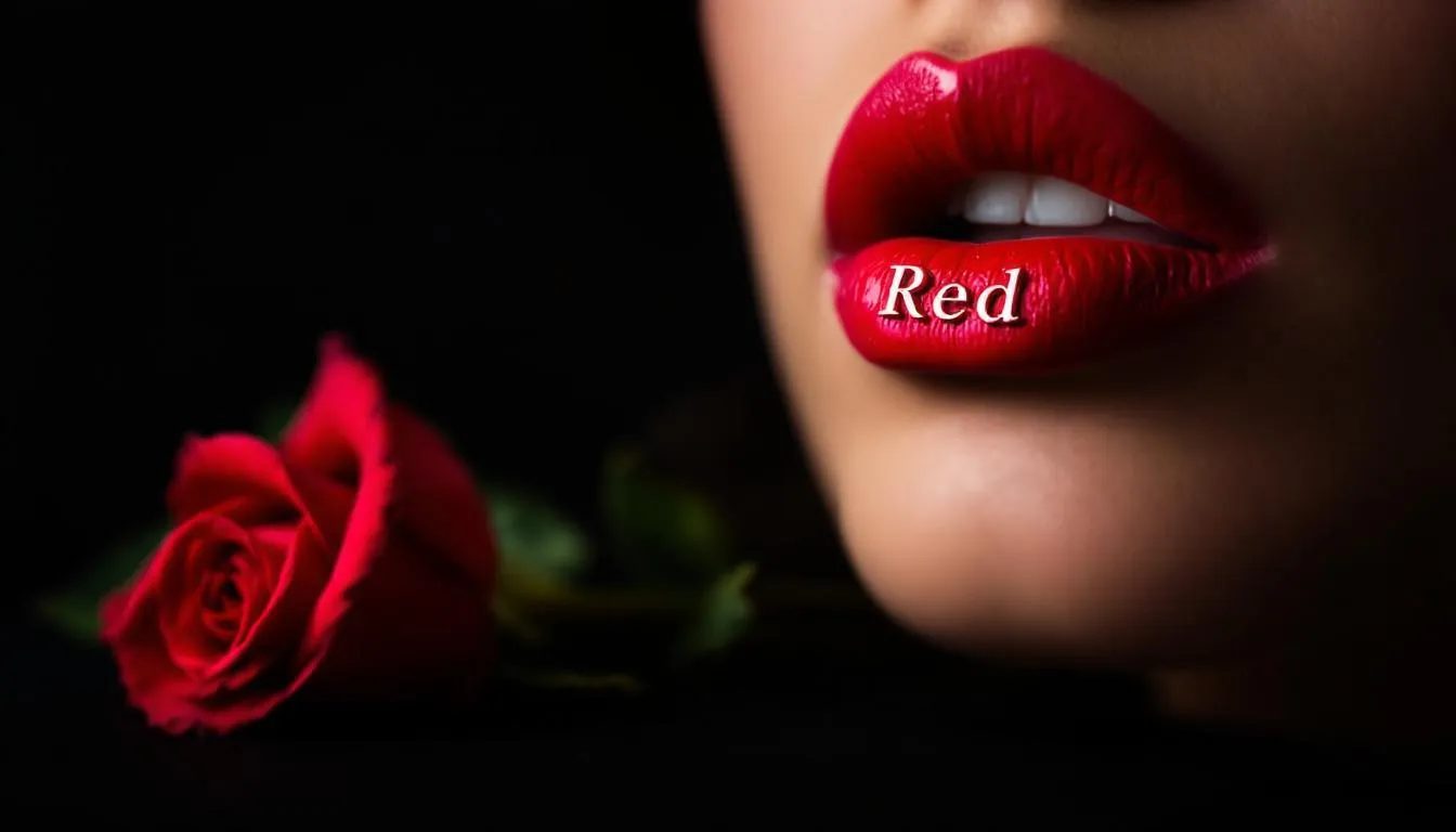 A close-up of slightly parted lips forms the word "Red," symbolizing a safe word in the context of the BDSM community. Beside them, a vibrant red rose echoes the color of the traffic light system, set against a dark, soft background that emphasizes the significance of communication and boundaries in intimate relationships.