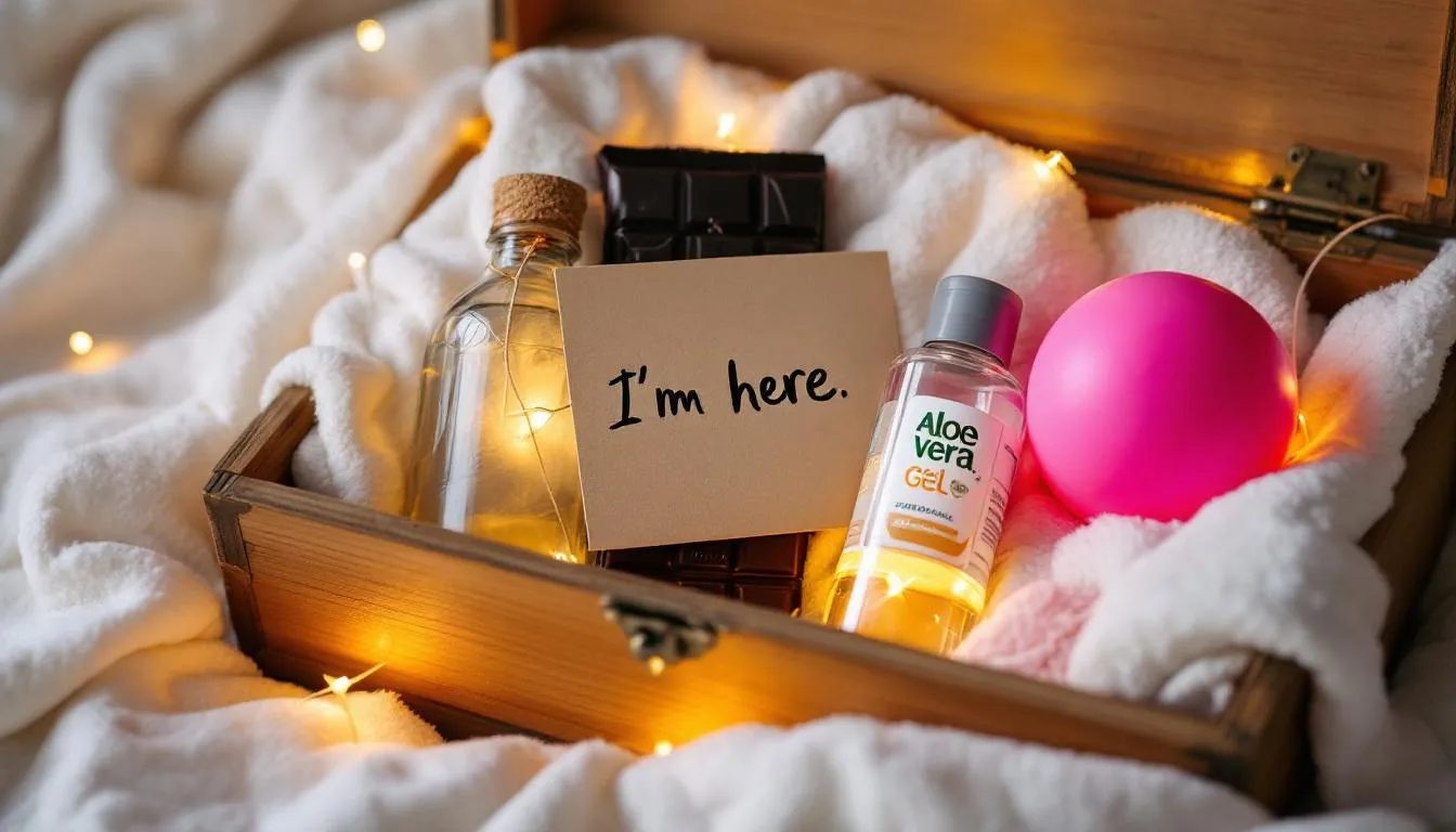 The image depicts a beautifully arranged aftercare kit inside an open wooden box, featuring a soft blanket, chocolate, a water bottle, aloe vera, and a stress ball, all illuminated by warm light. A handwritten note that says "I'm here" rests on top, symbolizing the importance of emotional and physical support for well-being after an intense BDSM scene.